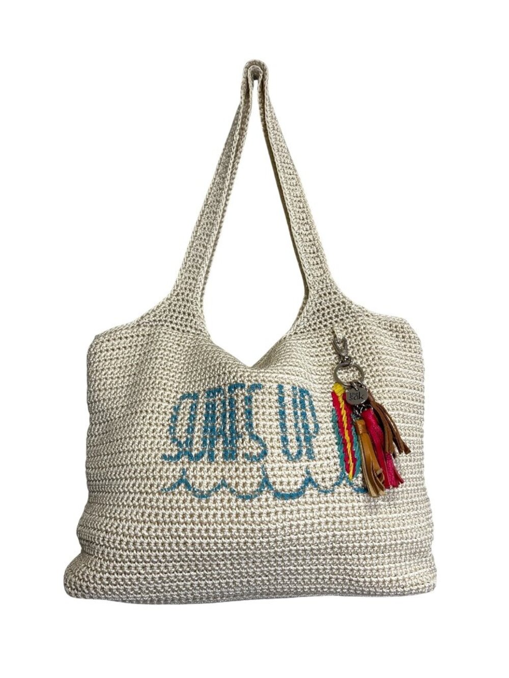 The Sak Beige Crochet Tote Bag "Surfs Up" Print & Tassel Charm Cruise Vacation